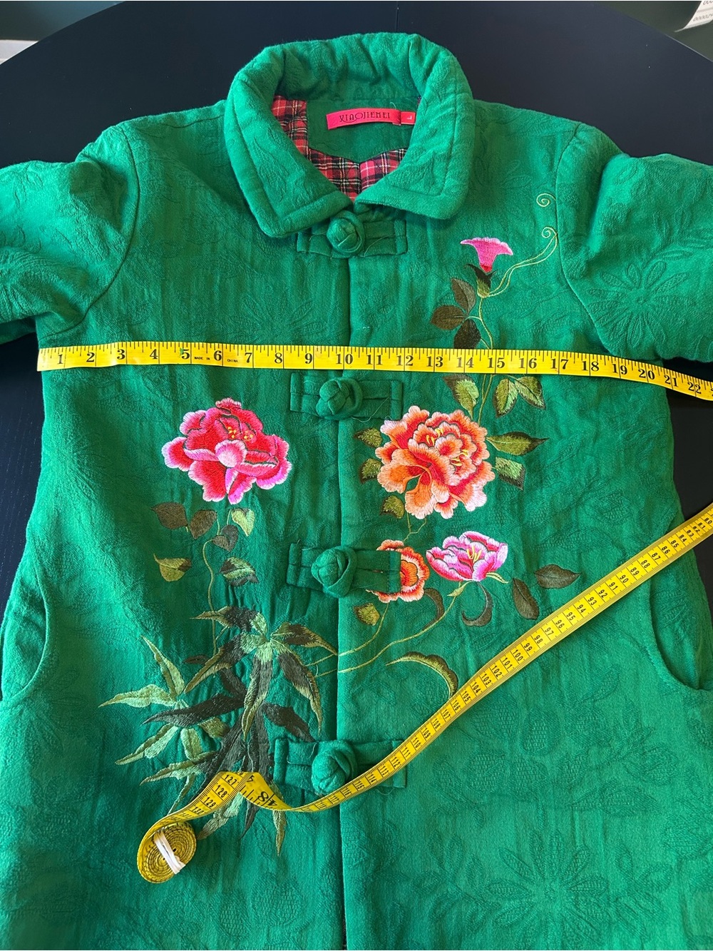 Emerald Green Floral Embroidered Quilted Jacket Cottagecore Boho Artwear Size L - Picture 13 of 15